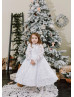 Long Sleeves Beaded White Lace Tulle Flower Girl Dress